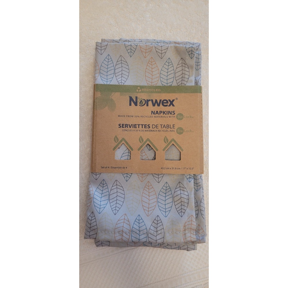 NEW Norwex Set of 4 Napkins Leaf Pattern with BACLOCK 17" X 12.5" Recycled Gray